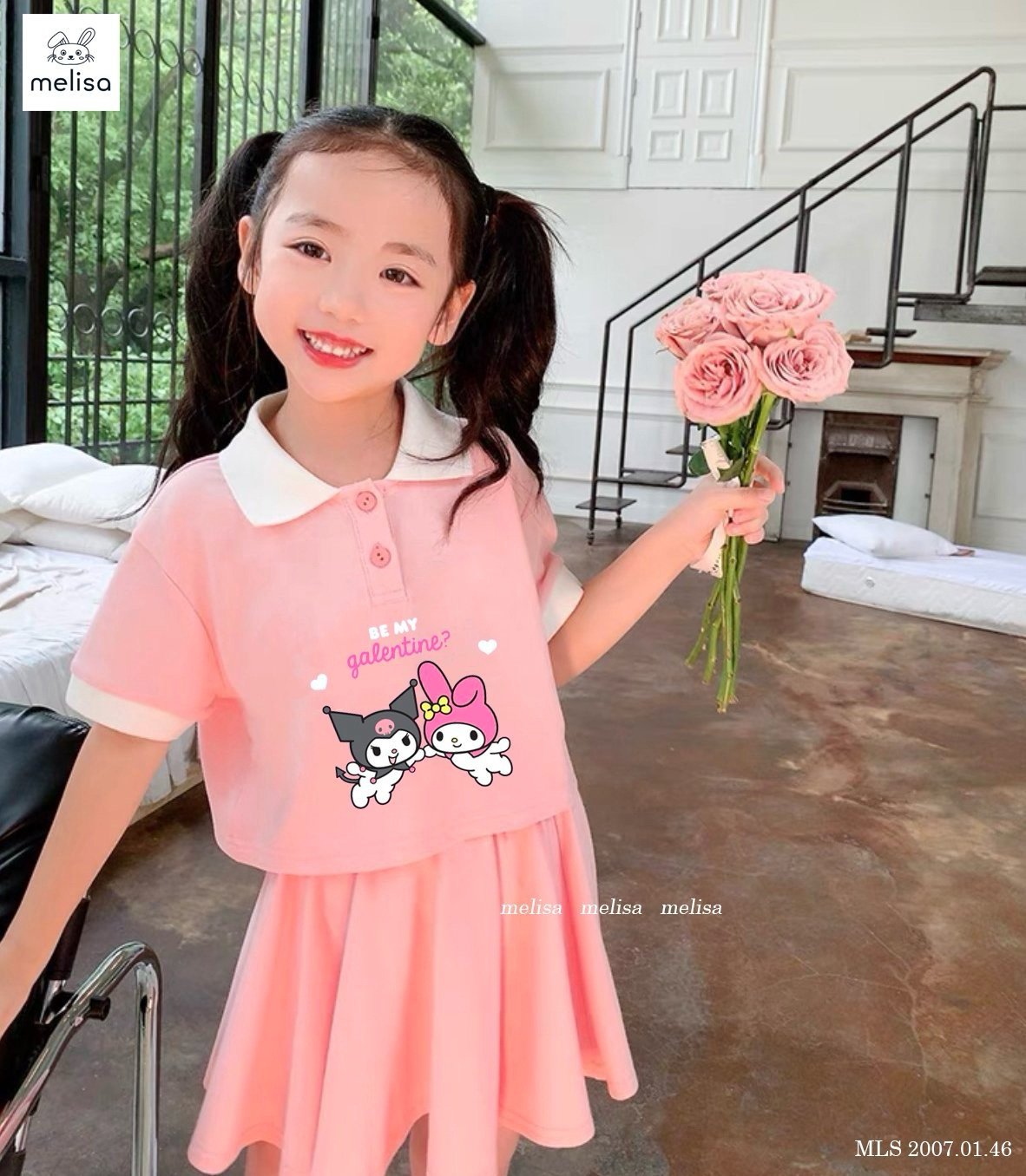 Set bộ Melisa áo polo croptop Kuromi - chân váy liền quần size 2-12y