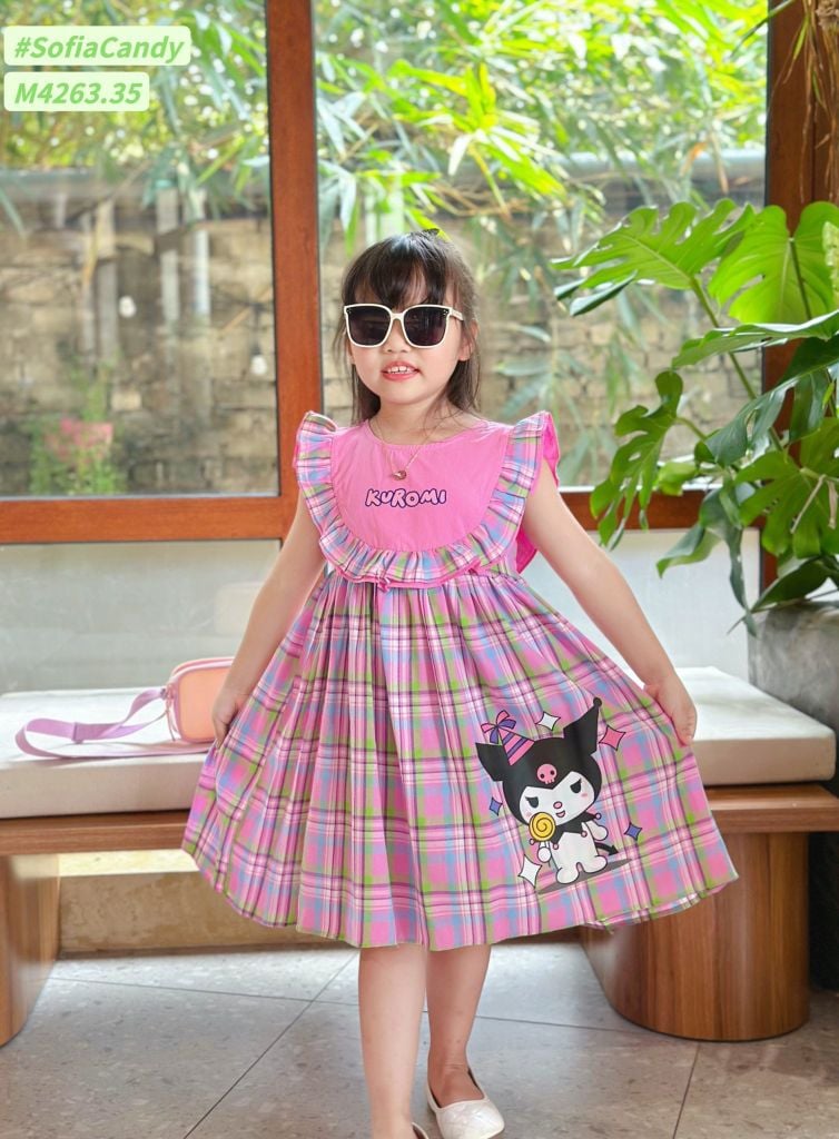 M4263 - Váy Mia Kids Kuromi kẻ sắc màu phối bèo size 1-10y