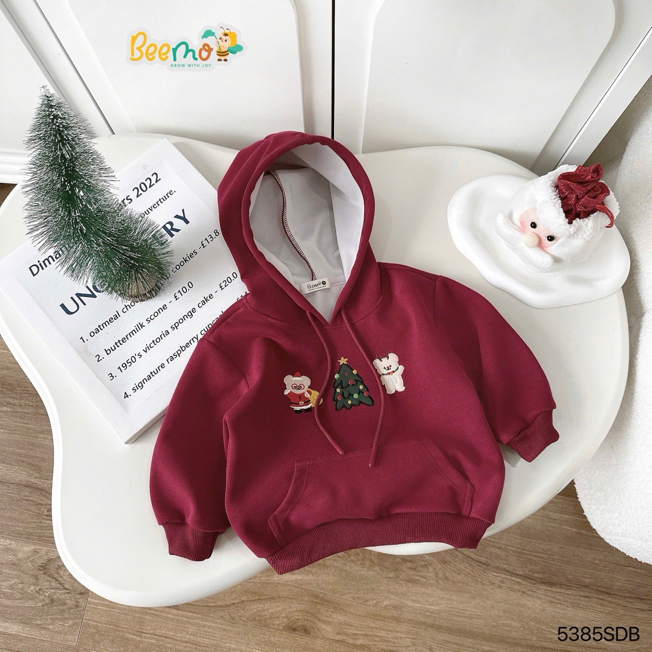 Áo nỉ Beemo hoodie hai da màu đỏ noel cho bé size 1-10y