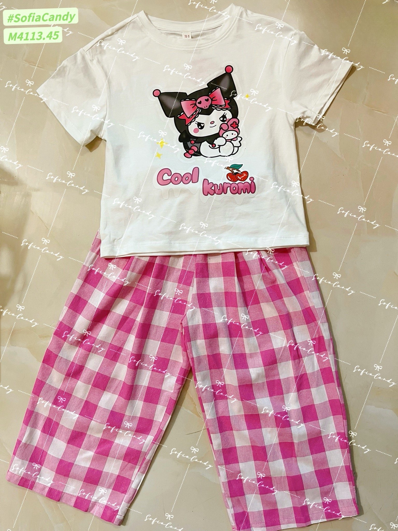 Set bộ Mia Kid áo cotton trắng + quần kẻ hồng BG size 2-12y