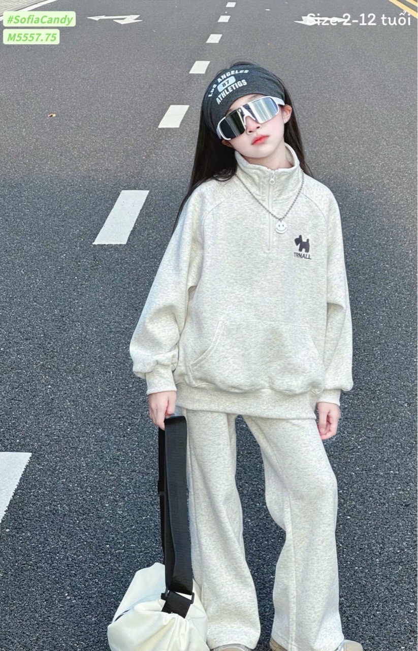 M5557 - Set bộ Mia Kids nỉ 2 da màu ghi cho bé size 2-12y