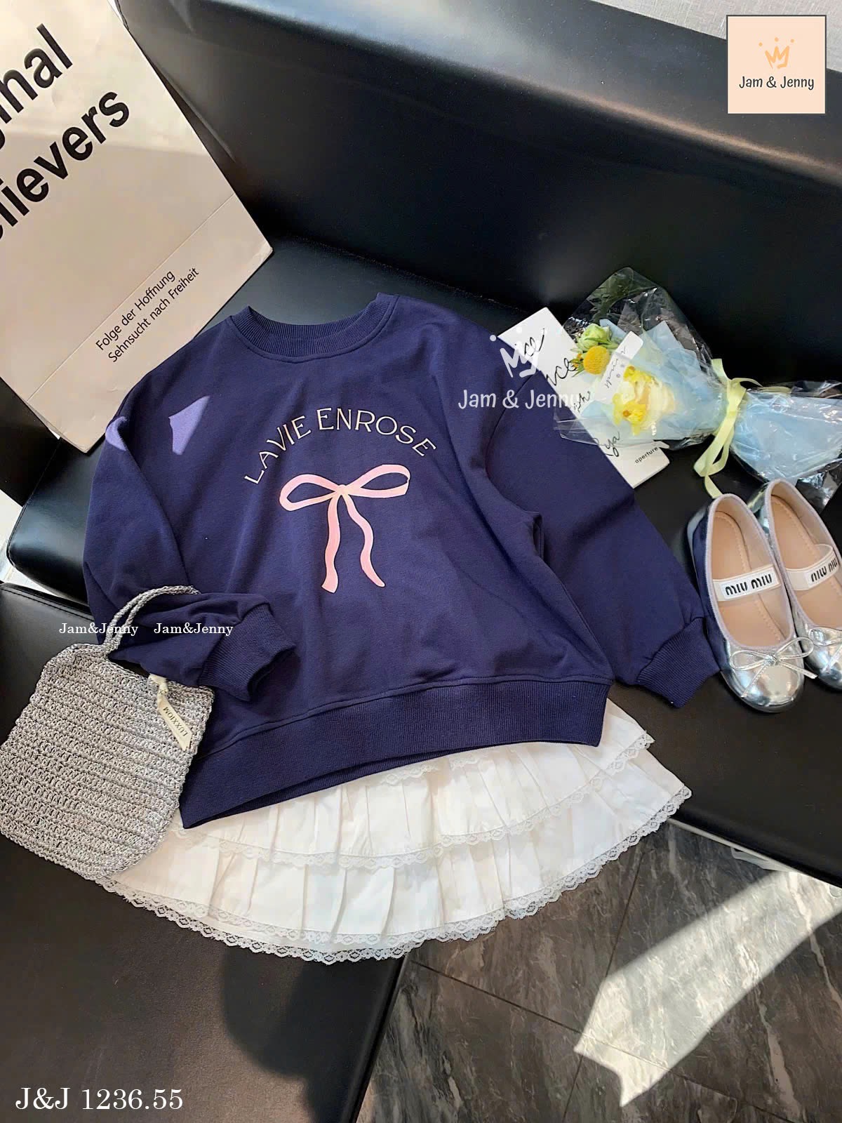 JJ 1236 - Set bộ Jam & Jenny áo nỉ da cá navy nơ + chân váy trắng size 2-12y