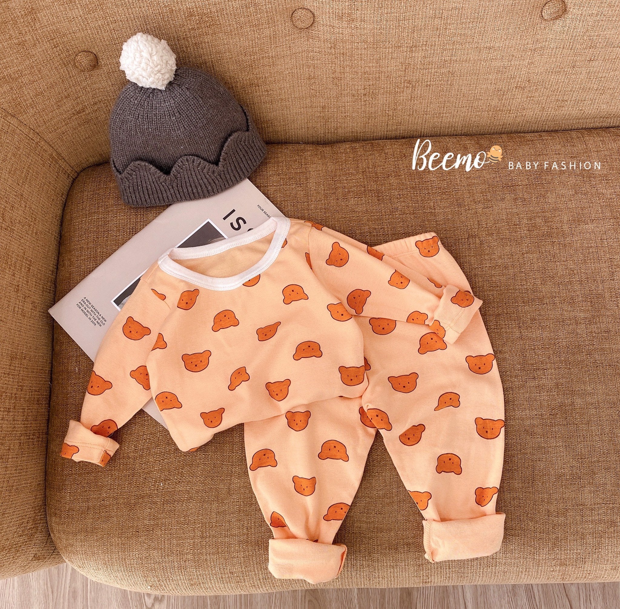 Bộ cotton Beemo hình mặt gấu in tràn 3 màu size 80 - 130