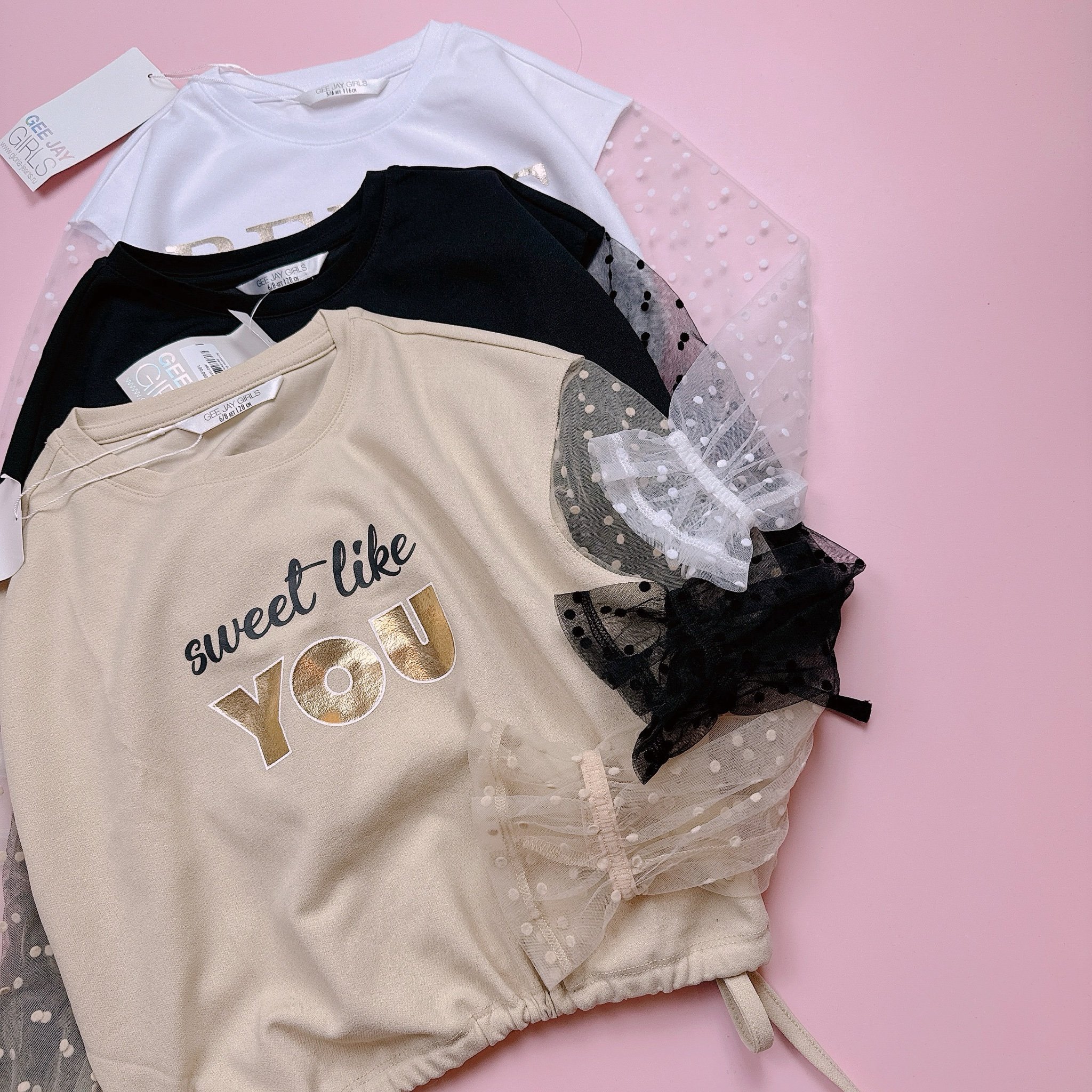 Áo croptop phối tay voan chấm bi 3 màu size 6 - 14y+