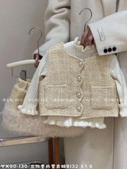 8132 - Set 3ct áo len + gile dạ + chân váy màu vàng bé gái size 90-130