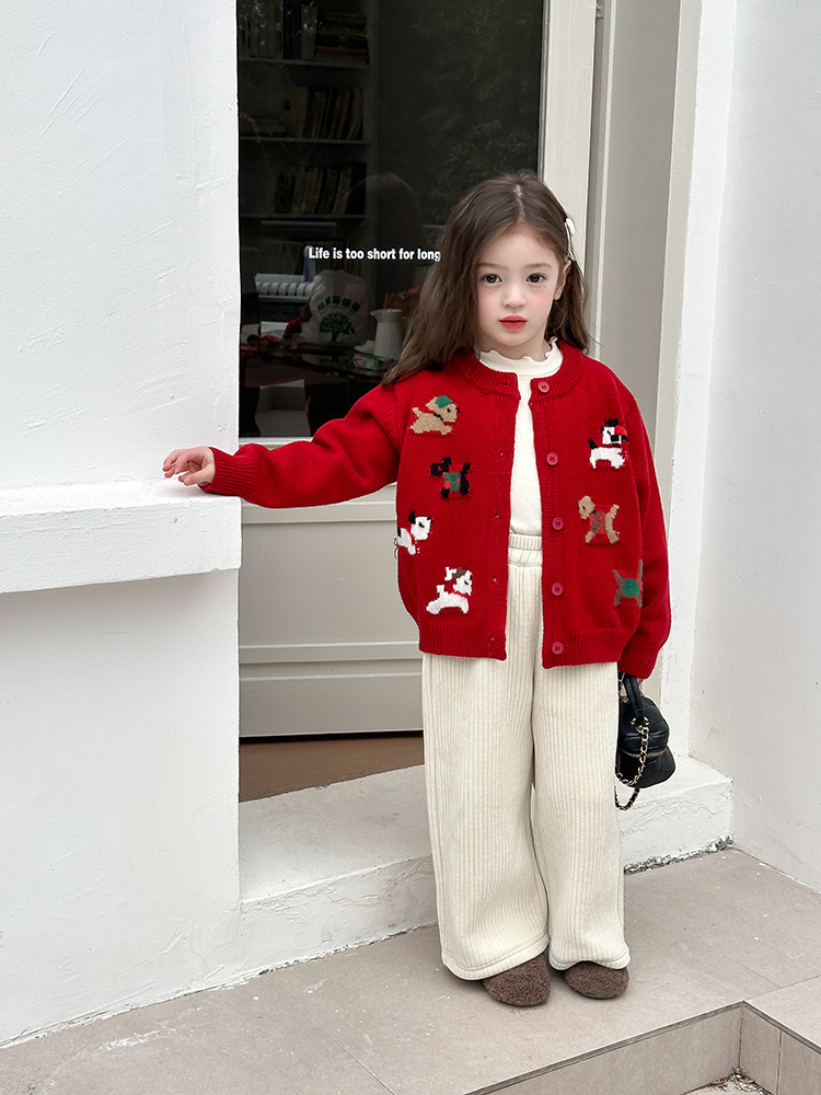 Cardigan len AMBB hoạ tiết cún 2 màu đỏ/kem bé gái size 90-160