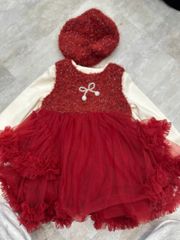 W25259 - Set áo len + váy dạ đỏ nơ bé gái size 90-130