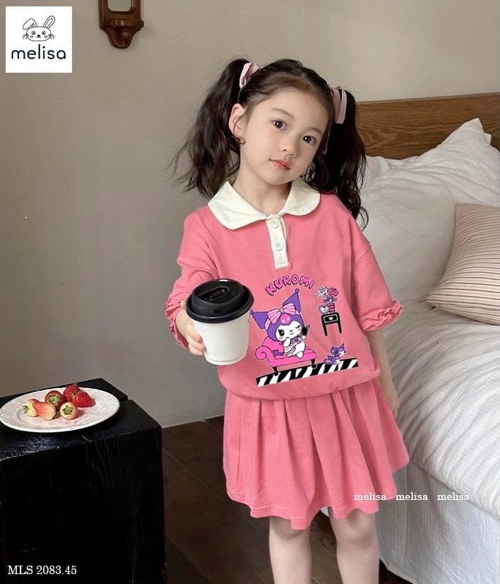 Bộ Melisa Kuromi áo Polo hồng cam cổ trắng + chân váy BG size 2-12y