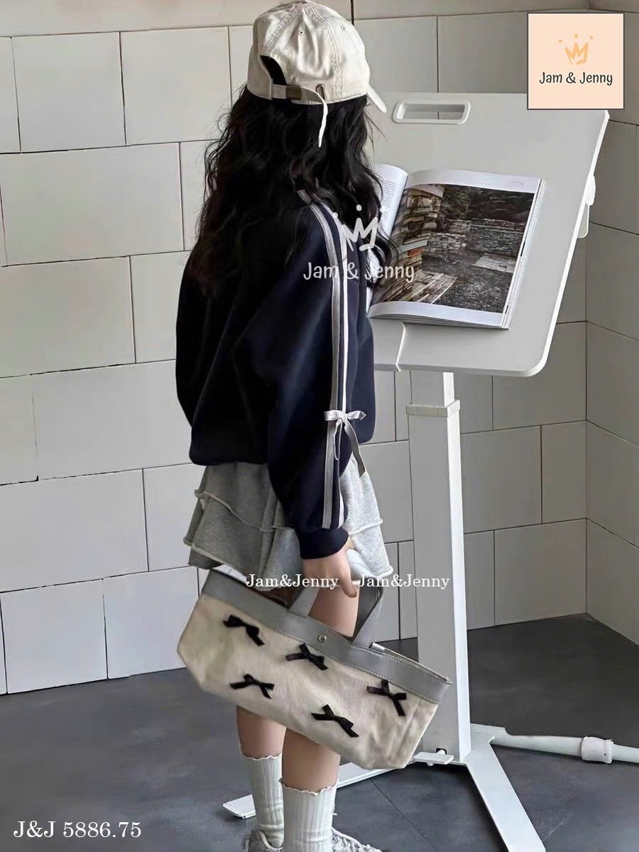 JJ 5886 - Set Jam & Jenny áo navy nơ + chân váy ghi bé gái size 2-12y