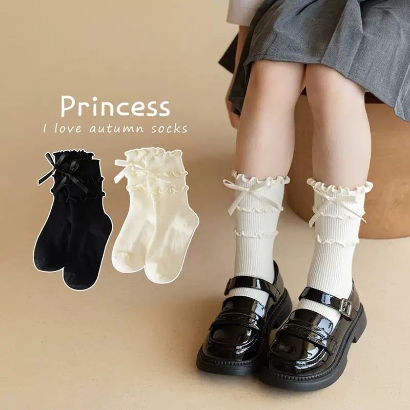 Tất cao cổ bèo nhún đính nơ 3 màu cho bé size 3-12y