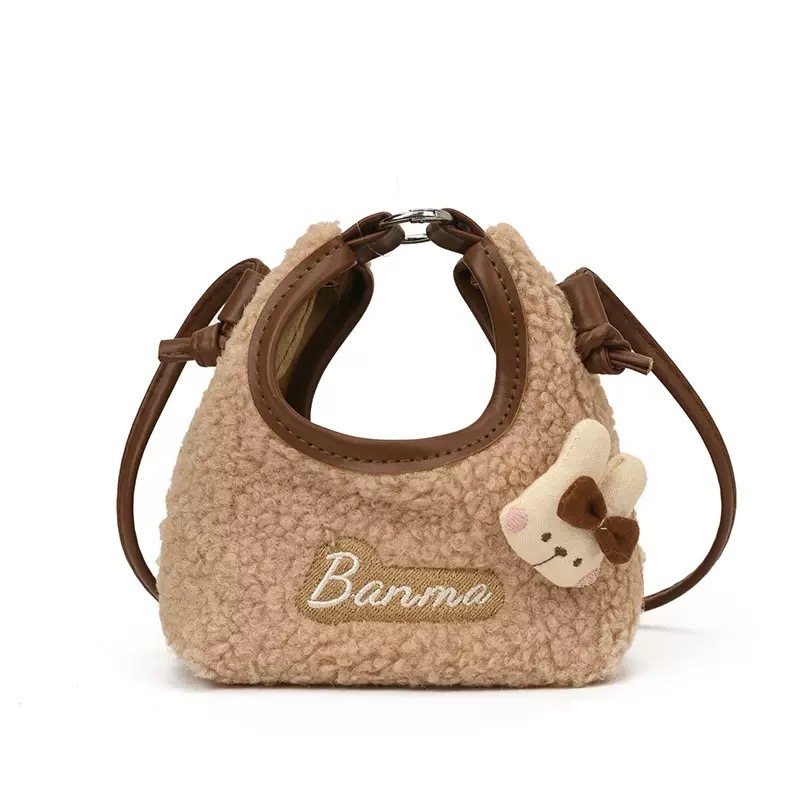 Túi xách lông cùn mini hình bán nguyệt đính thỏ cho bé