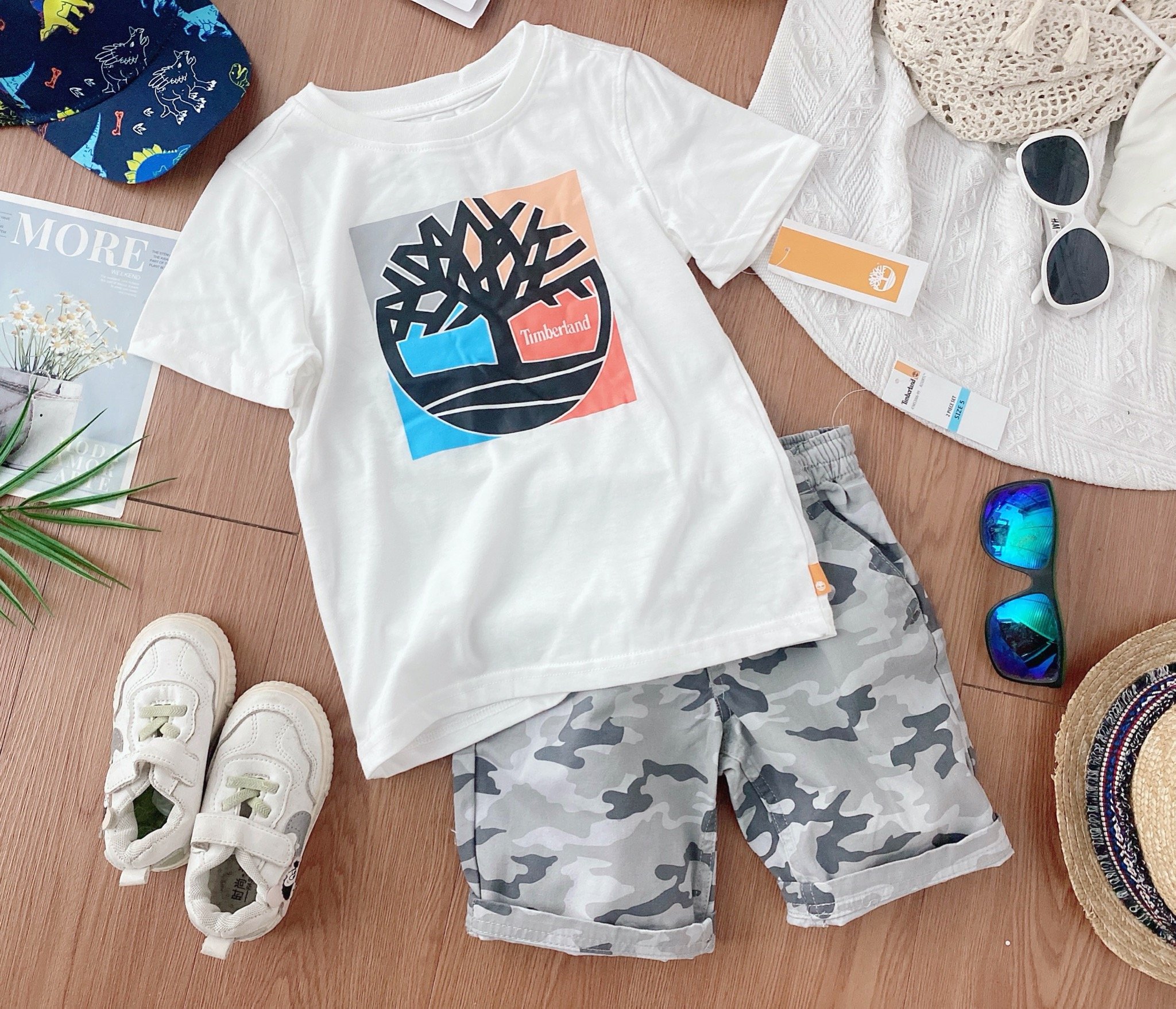 Bộ Timberland áo cotton - quần kaki nhiều hình BT size 3m - 7y