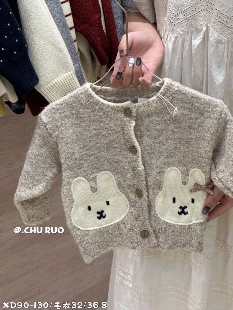 WW32 - Cardigan len QC màu be họa tiết thỏ bé gái size 80-120