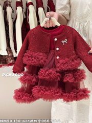 B25066 - Set áo khoác dạ + váy công chúa màu đỏ cho bé size 90-130