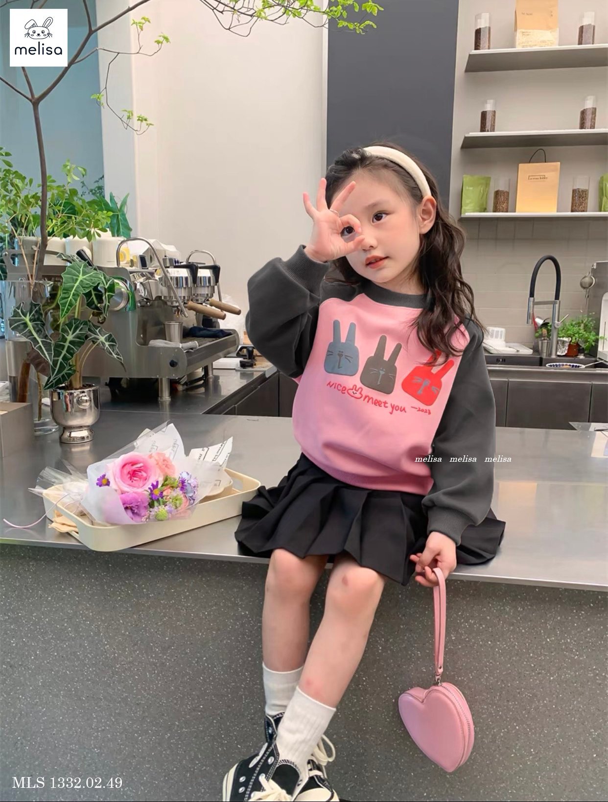 Set nỉ Melisa hình thỏ Nice Meet You - chân váy xếp li 2 màu size 2 - 12y