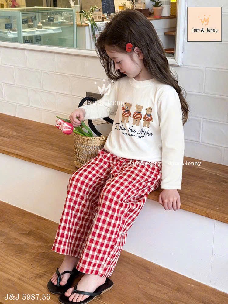 JJ 5987 - Bộ Jam & Jenny áo dài tay in gấu + quần kẻ caro đỏ bé gái size 6-12y