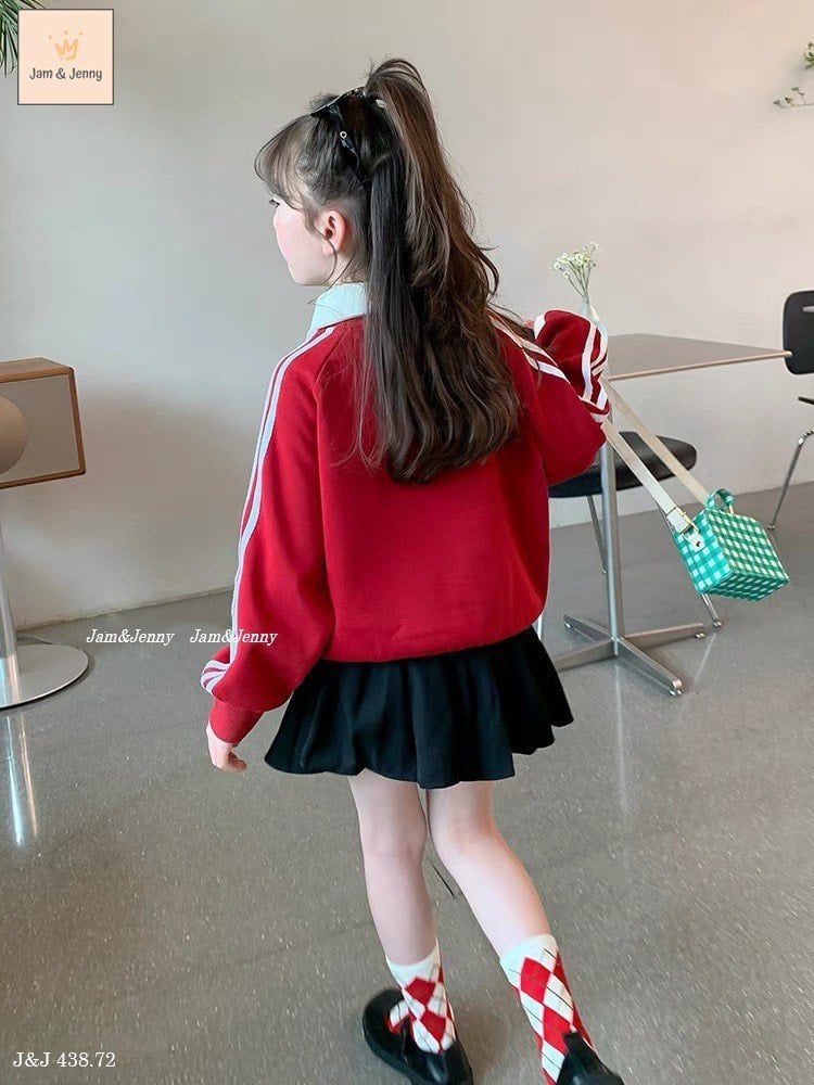 Set Jam&Jenny áo nỉ polo đỏ hình thỏ - chân váy xếp li liền quần đen size 2 - 12y