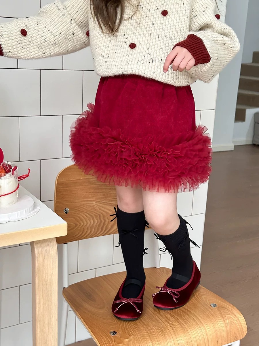 Chân váy nhung đính viền ren AMBB 2 màu đỏ/đen bé gái size 90-160