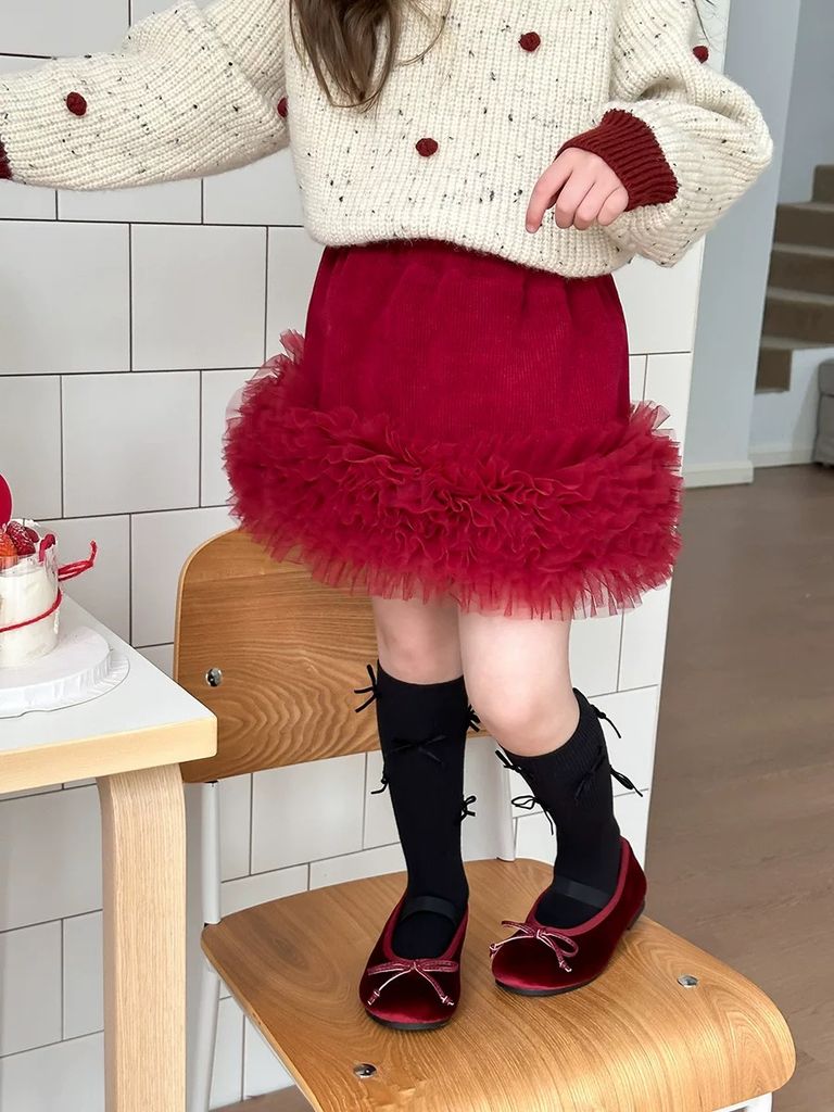 Chân váy nhung đính viền ren AMBB 2 màu đỏ/đen bé gái size 90-160