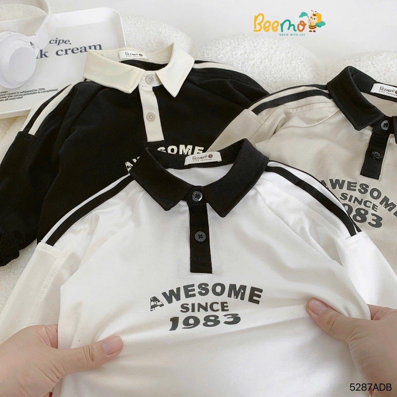 Áo polo cổ đức Beemo phối chữ Awesome 3 màu cho bé trai size 1-6y