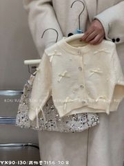 7156 - Set 2ct áo khoác cardigan len kem nơ + chân váy bé gái size 90-130