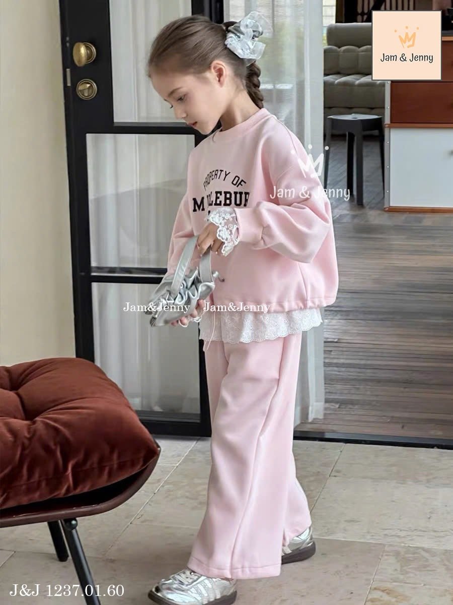 JJ 1237 - Bộ nỉ da cá mỏng Jam & Jenny 2 màu hồng/xanh bé gái size 2-12y
