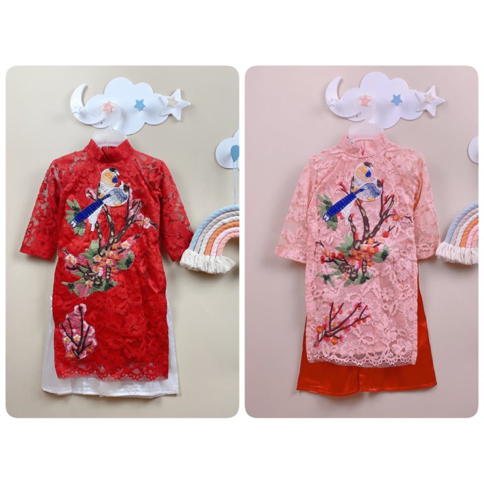 Áo dài ren đào song vũ kèm quần lụa 2 màu đỏ - hồng