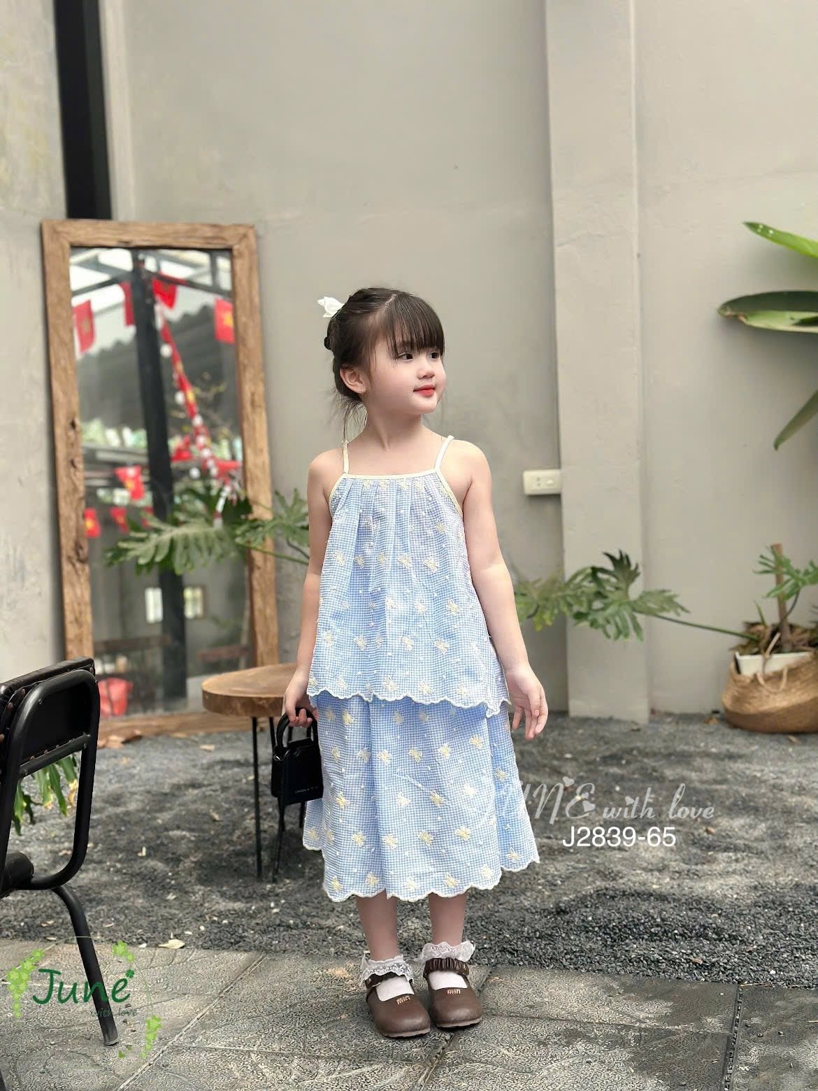 J2839 - Set bộ June with love caro họa tiết nơ 3 màu cho bé gái size 1-10y