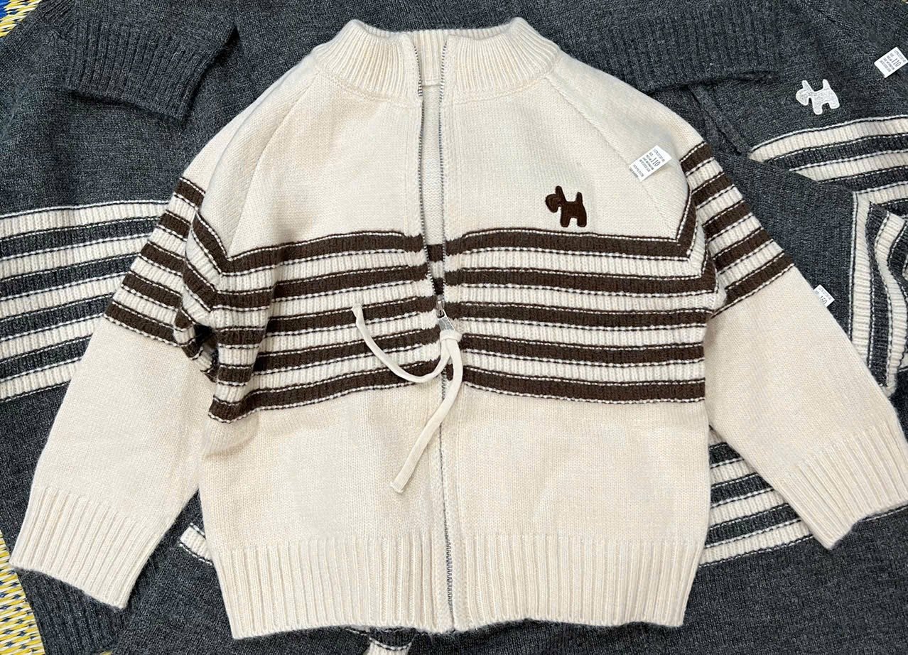 Áo khoác cardigan len QC kẻ sọc thêu cún nhiều màu cho bé trai size 110-150