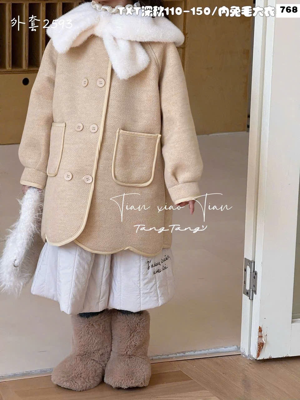 AK07 - Áo khoác dạ lông cừu dáng dài cổ lông 2 màu cho bé size 110-150