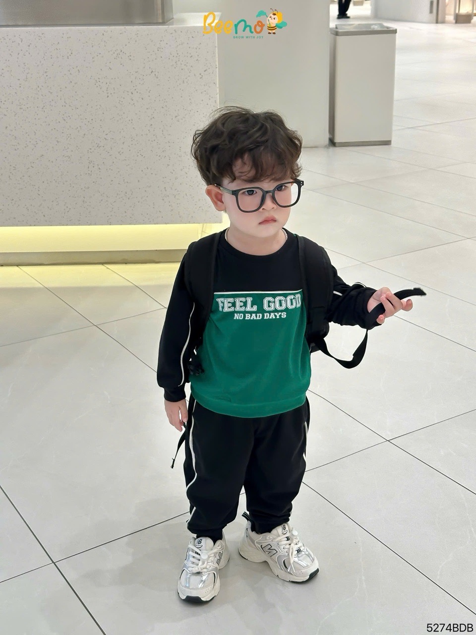 Bộ cotton dài tay phối chữ Beemo 2 màu nâu/xanh bé trai size 1-6y