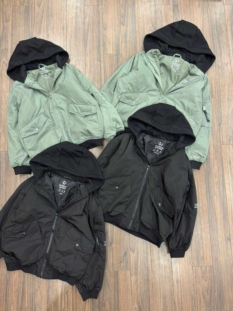 AKBT39 - Áo khoác phao bomber oversize phối mũ nỉ GGJJ dư xịn cho bé 2 màu đen/rêu size 6-14y