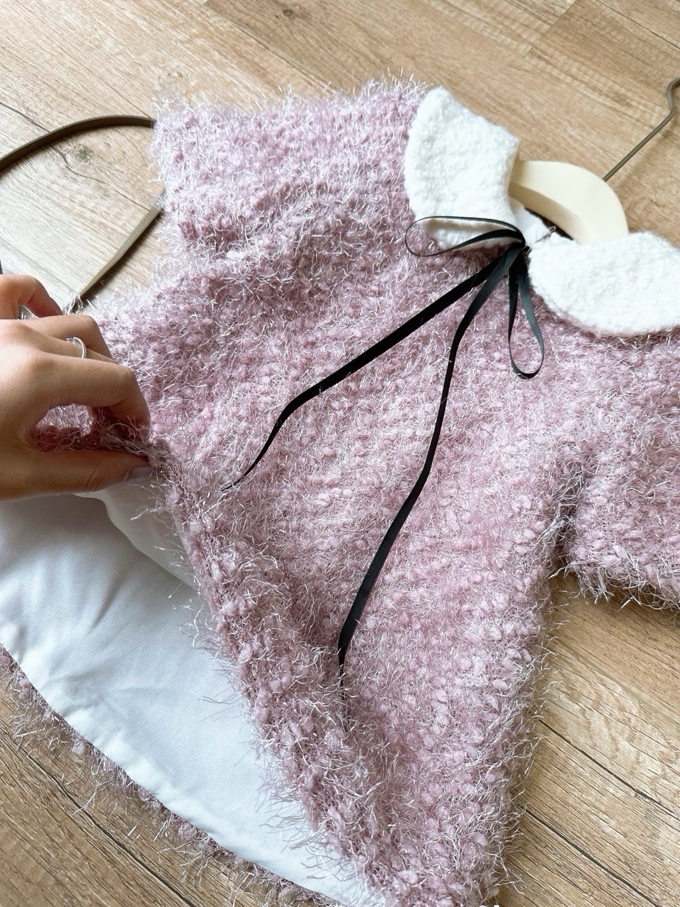 Váy len Tiny Winy lông phối cổ rời 2 màu hồng/đỏ cho bé size 1-9y