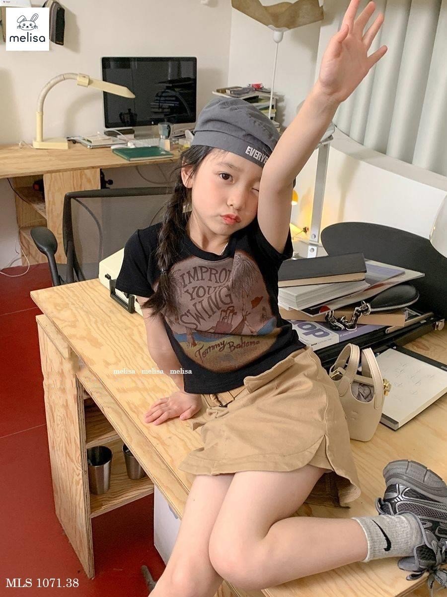 Set Melisa áo cotton đen thuyền cây dừa - chân váy be kaki liền quần size 2 - 12y