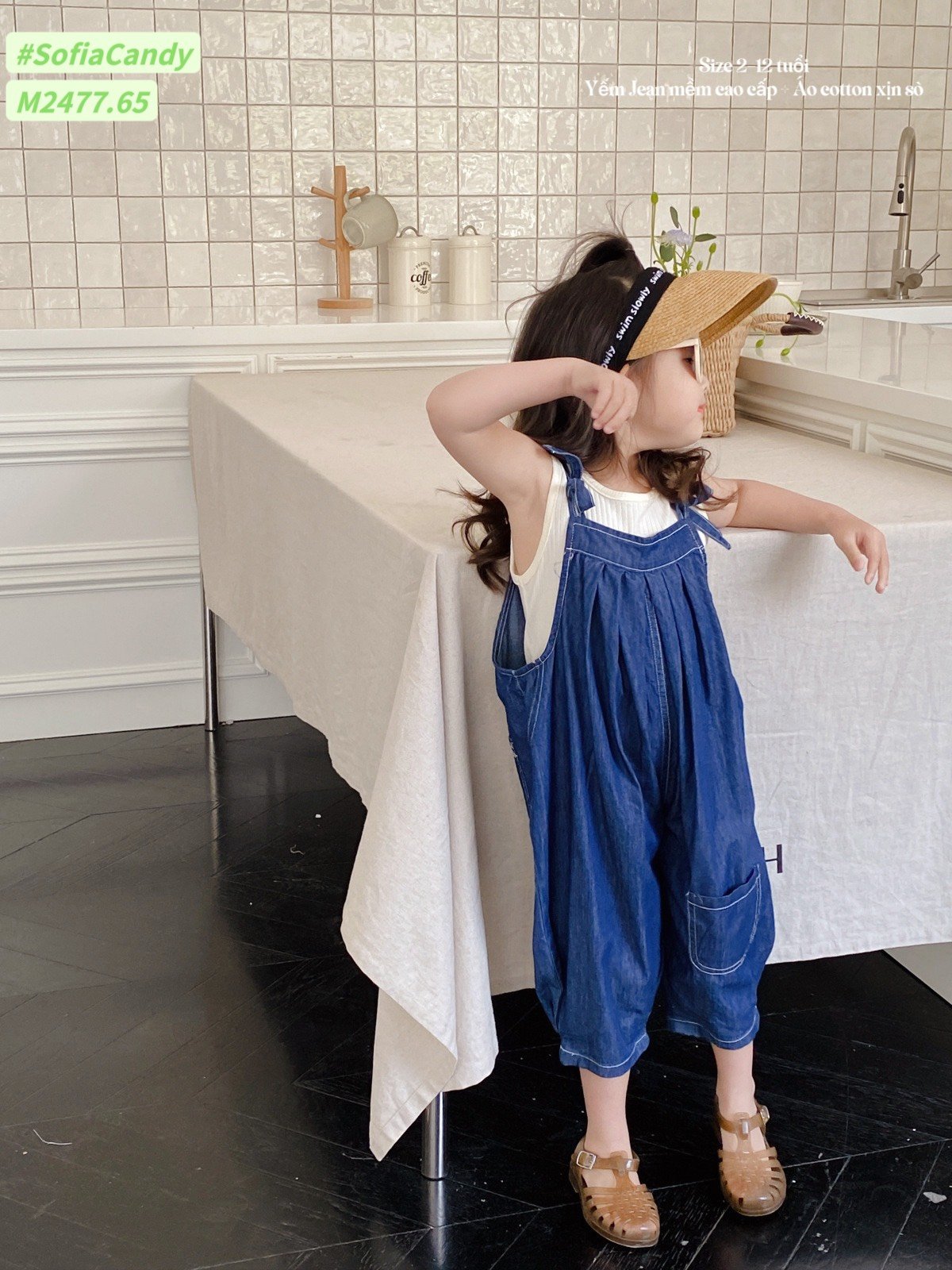Set Mia Kids yếm xanh jeans phối áo ba lỗ trắng thun tăm size 1 - 10y
