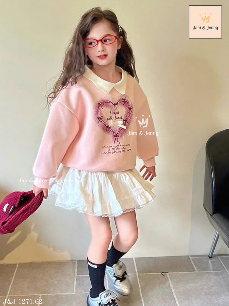 JJ 1271 - Set váy Jam & Jenny áo hồng cổ đức + chân váy trắng bé gái size 2-12y