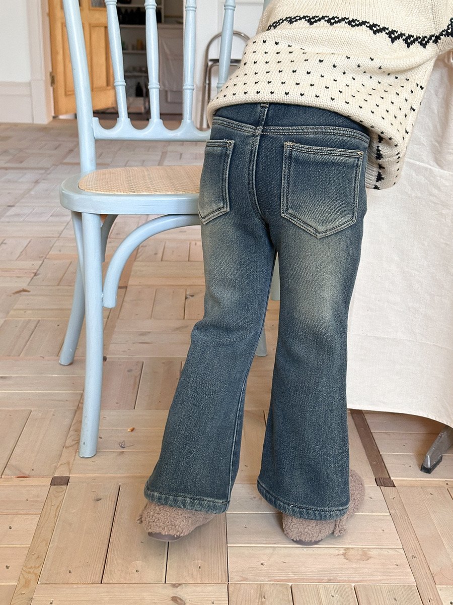 Quần jean Ambb mềm lót nỉ ống loe màu xanh đậm bé gái size 110-160