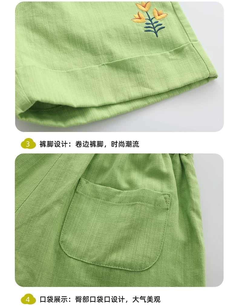 QBG32 - Quần short MM màu xanh lá thêu hoa bé gái size 90-110
