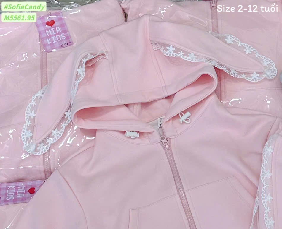 M5561 - Bộ Mia Kids nỉ hồng tai thỏ quần nỉ phối ren bé gái size 2-12y