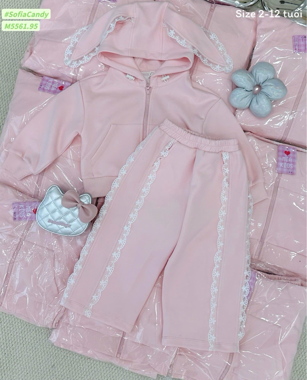 M5561 - Bộ Mia Kids nỉ hồng tai thỏ quần nỉ phối ren bé gái size 2-12y