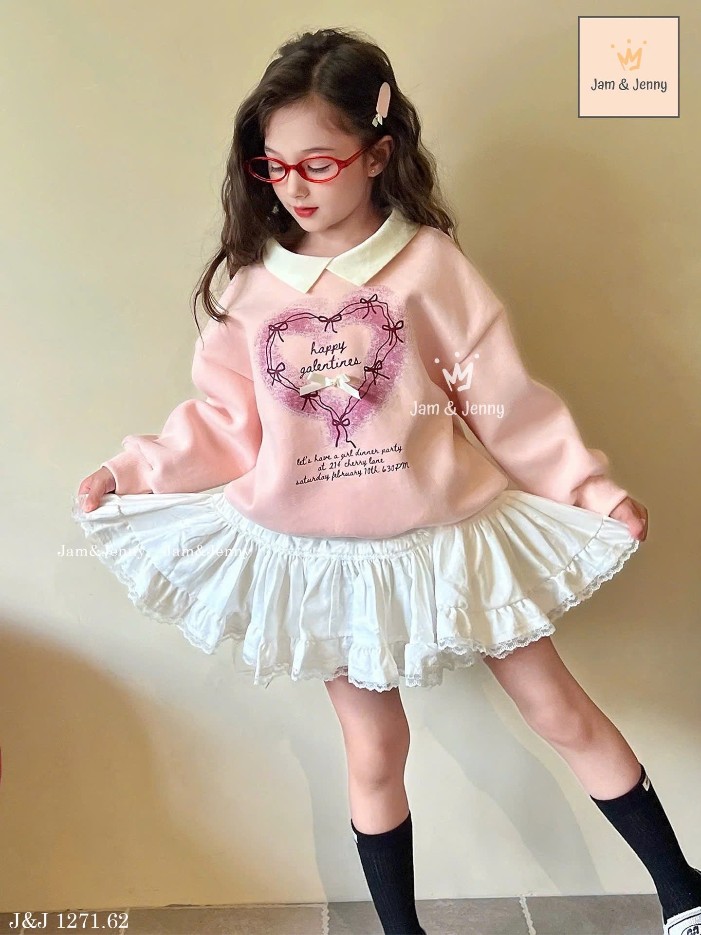 JJ 1271 - Set váy Jam & Jenny áo hồng cổ đức + chân váy trắng bé gái size 2-12y