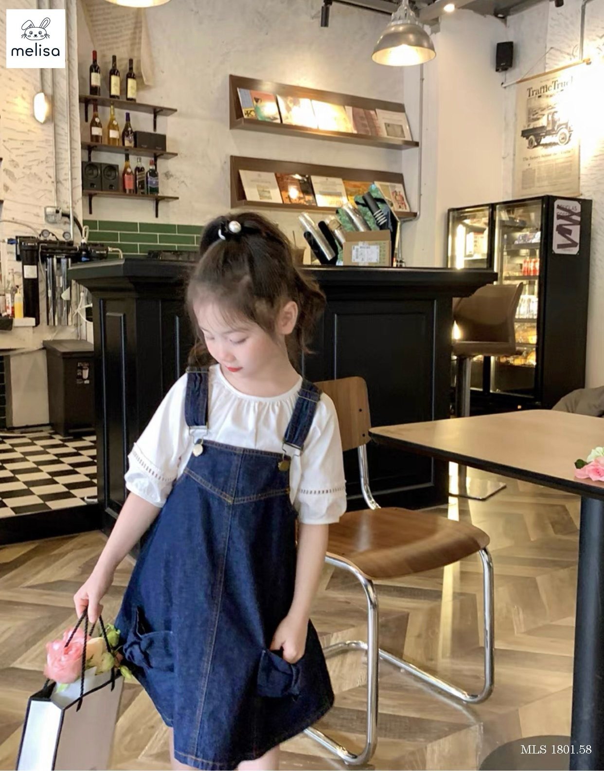 Set Melisa áo thô trắng - váy yếm jean xanh size 2 - 12y