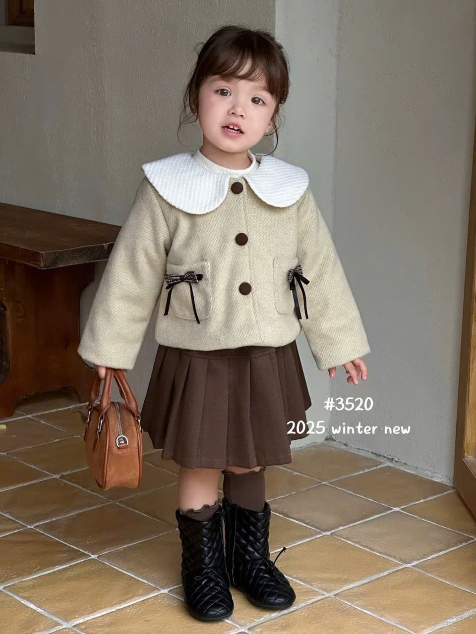 S3520 - Set 3ct QC dạ 2 màu hồng/be cho bé size 90-130