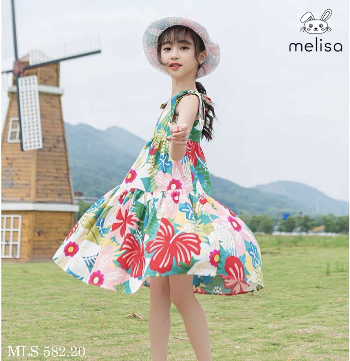 V00005 - Váy thô hai dây nơ vai Melisa hoa sắc màu size 2 - 11y