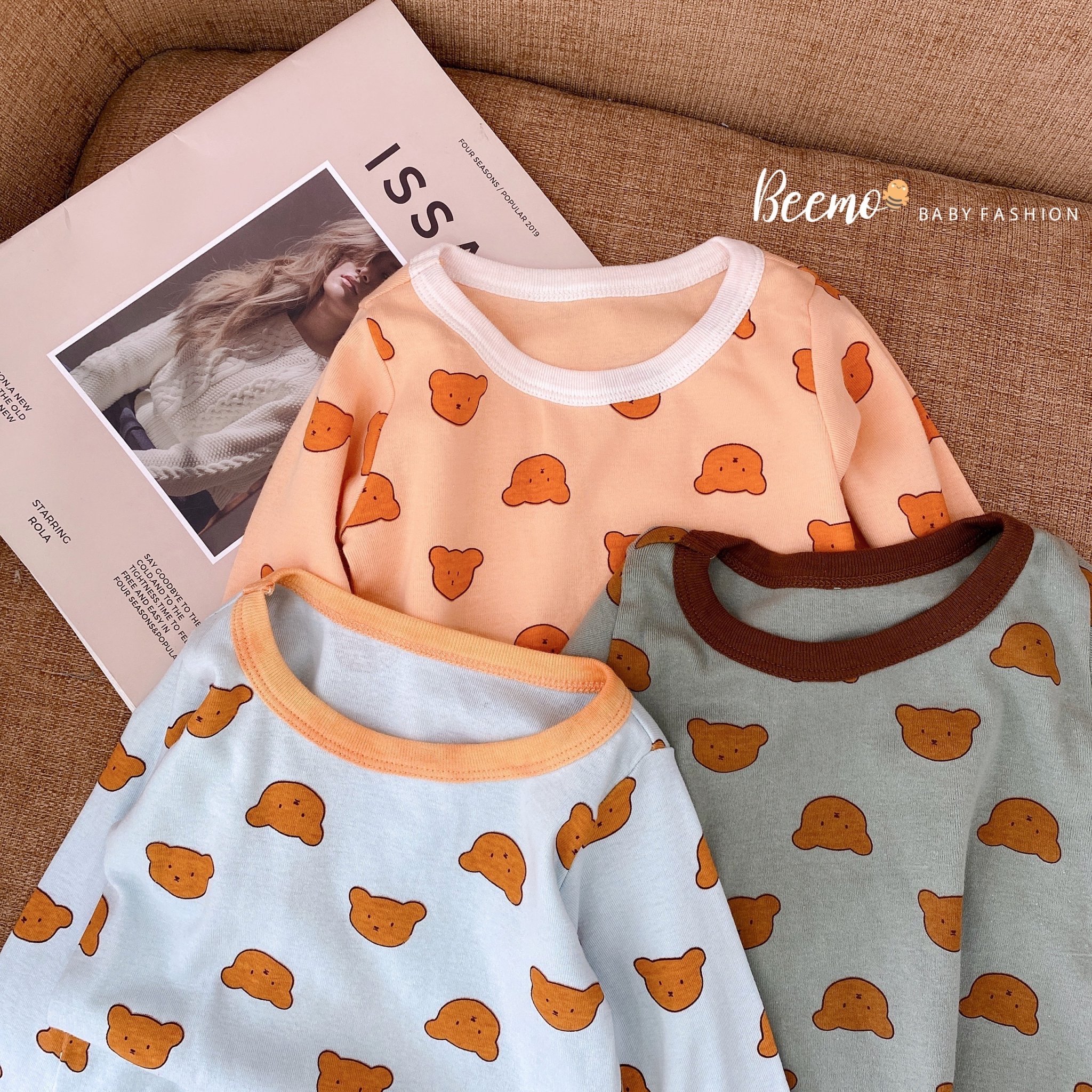 Bộ cotton Beemo hình mặt gấu in tràn 3 màu size 80 - 130