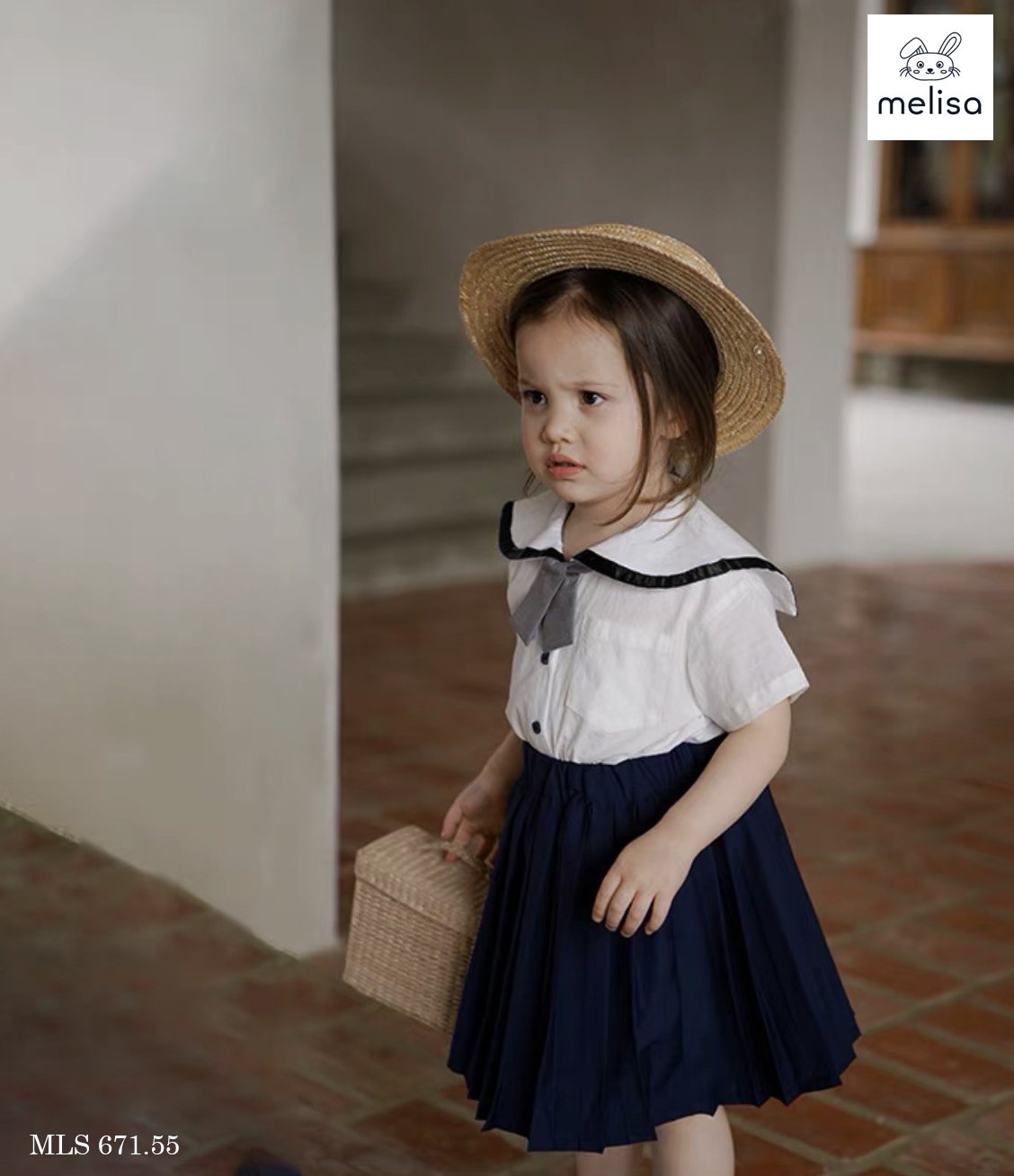 Set thô Melisa áo trắng kèm cavat - chân váy liền quần màu navy size 2 - 11y