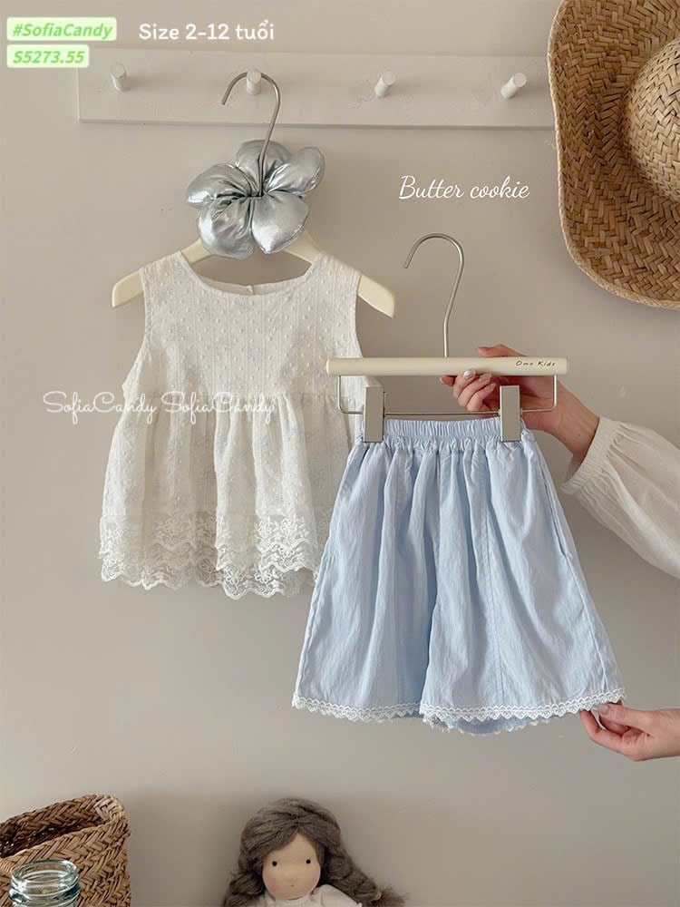 S5273 - Set bộ Sofia Candy áo trắng + quần xanh bé gái size 2-12y
