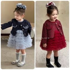F25196 - Set 2ct dạ QC Fanxiaoke váy + áo khoác dạ tweed đỏ/xanh size 80-120