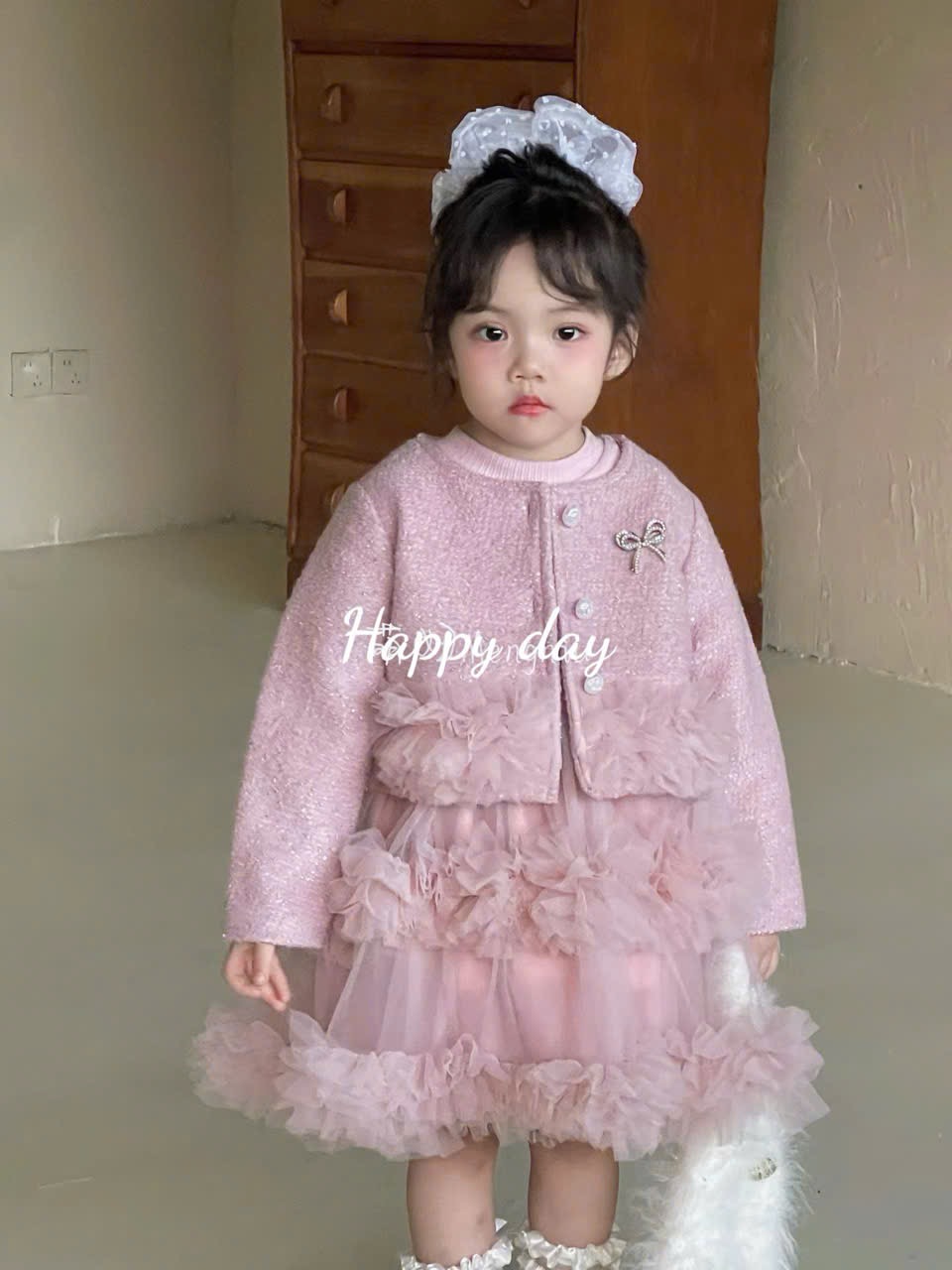B25066 - Set áo khoác dạ + váy công chúa màu hồng cho bé size 90-130