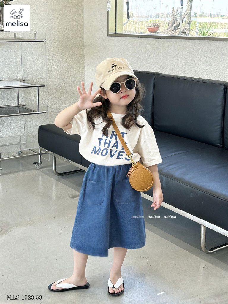 Bộ Melisa áo trắng in chữ + chân váy xanh jean BG size 3-12y